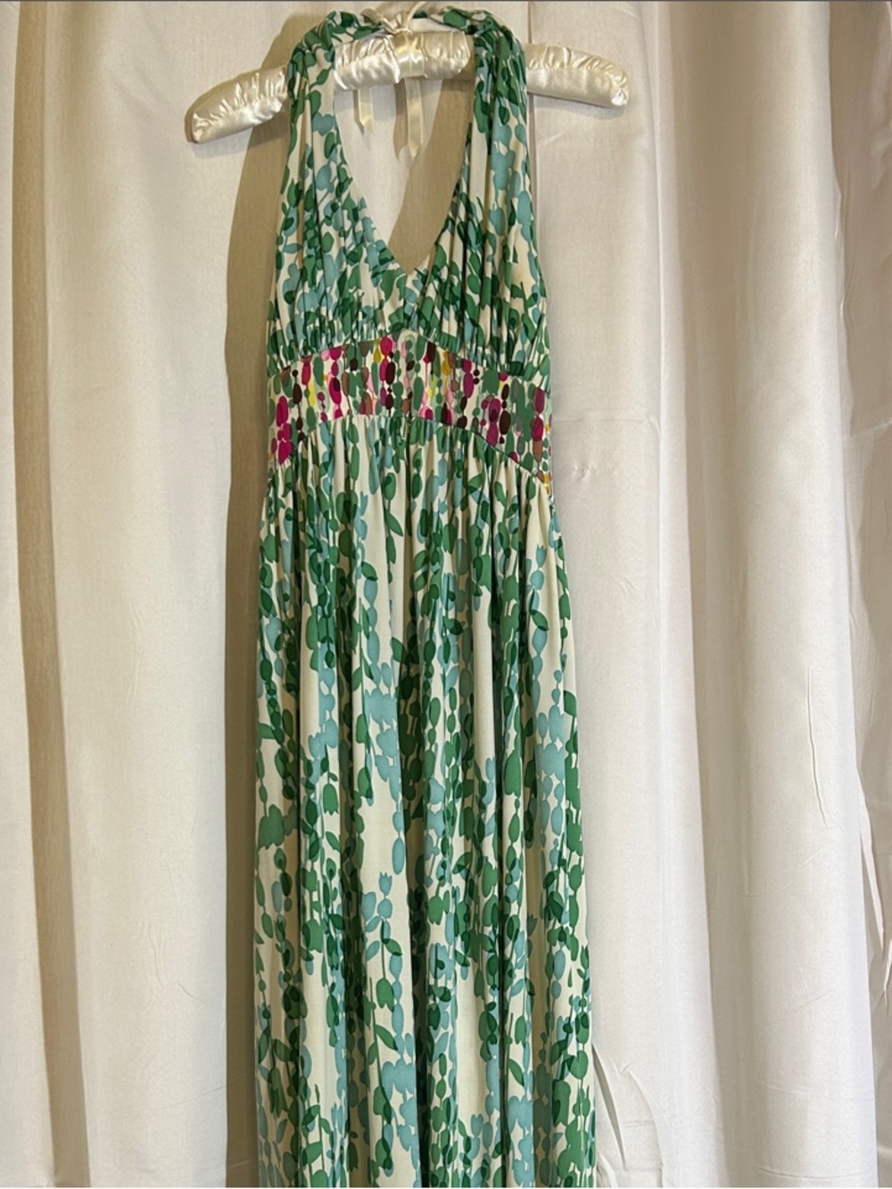 Suzi Chin for Maggy Boutique Green Leaf Halter Maxi Dress with Pink Accent